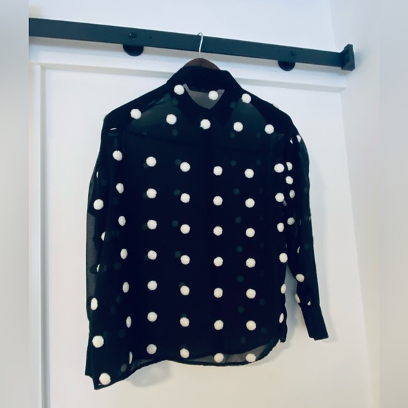 ⚫️ Zara ⚫️ semi sheer black blouse with white poms - size xs - Picture 2 of 3